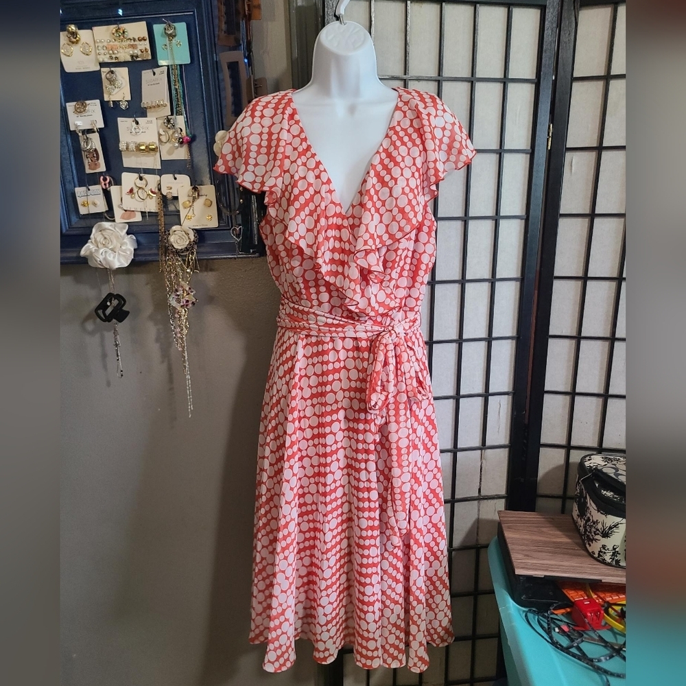 DRESS BARN orange/white polka dot dress 14
